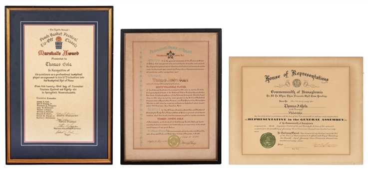 Tom Gola Collection: Lot of (3) Lifetime Achievement Awards Featuring Pennsylvania House Of Representatives Document & Philadelphia Fraternal Order Of Police Document (Gola LOA)